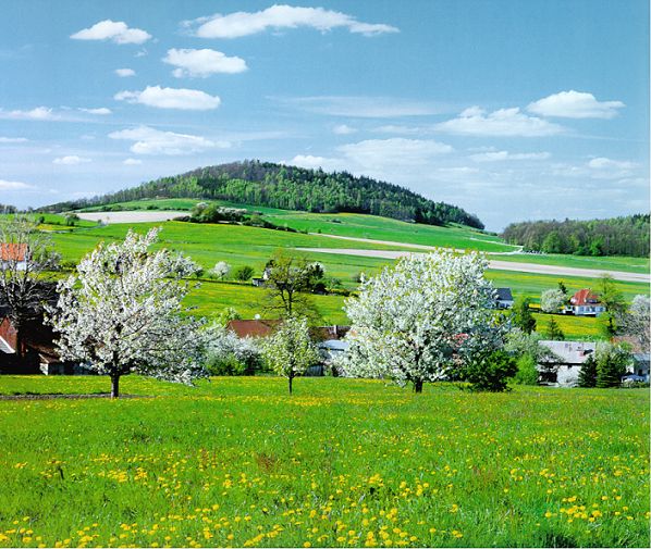 Fr&uuml;hling: Blick �ber Bertsdorf auf den Breiteberg